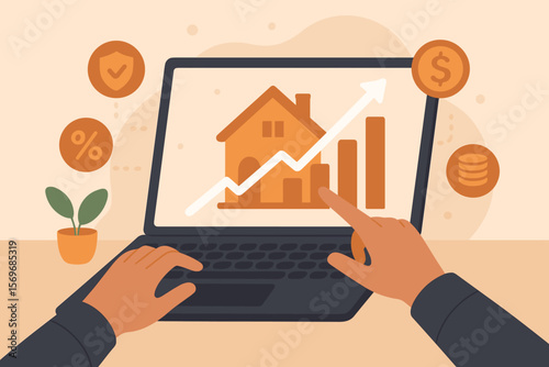 Real estate investment analysis concept. Person using laptop with house icon, growth chart, mortgage loan, property value, insurance, interest rate, financial planning, home equity