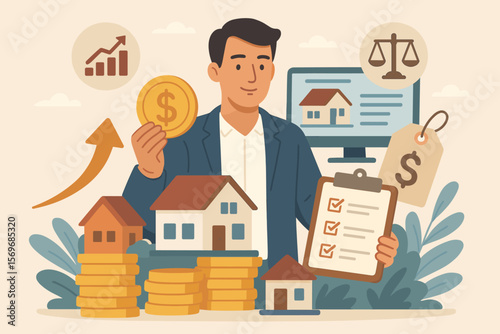 Real estate investment and property management concept. Buying, selling, owning houses for profit. Cash flow, appreciation, tax benefits, online realty, financial growth, checklist