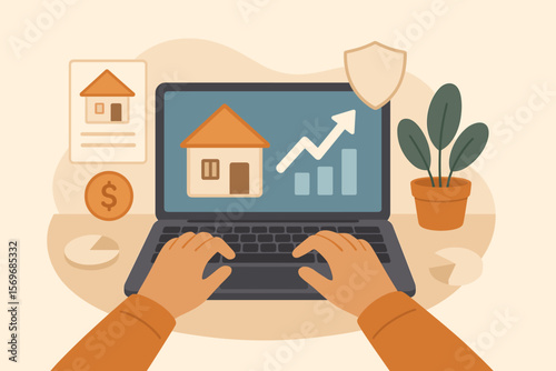 Real estate investment analysis concept. Person using laptop with house icon, growth chart, mortgage loan, interest rate, property insurance, home buying, financial planning