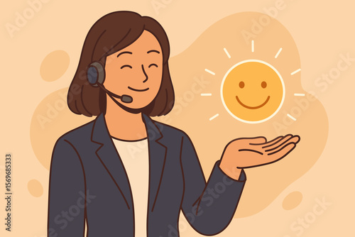 Customer service satisfaction concept. Businesswoman with headset presenting happy smiley face icon. Positive feedback, good review, client support, quality service, rating success