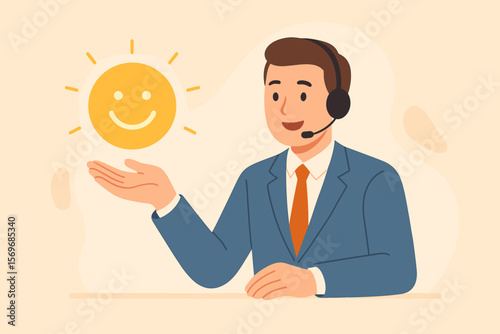 Customer service satisfaction concept. Businessman in headset presenting happy smiley face icon. Positive feedback, good review, quality support, client experience, service excellence