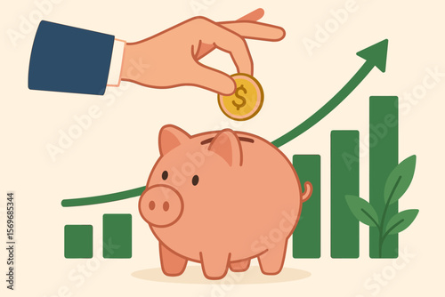 Saving and Low-Risk Investment Concept with Hand Putting Coin in Piggy Bank, Green Growth Chart, Stable Returns, Personal Finance, Wealth Management, Long-Term Savings