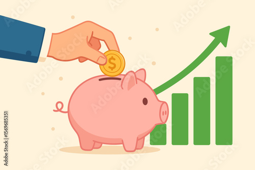Hand Putting Coin in Piggy Bank with Upward Growth Chart. Saving Money, Low-Risk Investment, Personal Finance, Stable Returns, Wealth Management, Long-Term Savings Concept