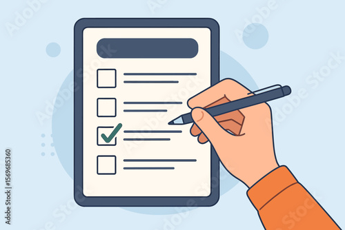 Online survey form assessment, questionnaire evaluation, digital exam, certificate application, checklist, hand filling answer, choosing correct option, electronic test concept