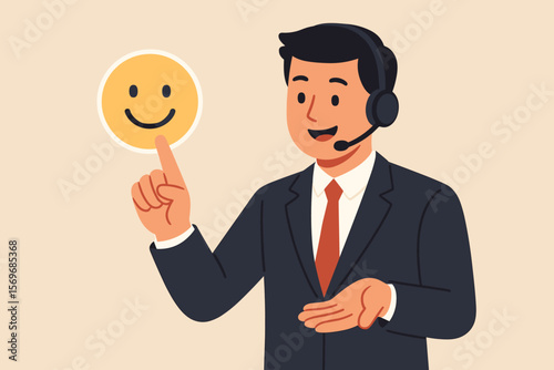 Customer service satisfaction concept. Businessman in headset points to happy smile face icon. Positive feedback, good review, excellent service, client support, quality assurance