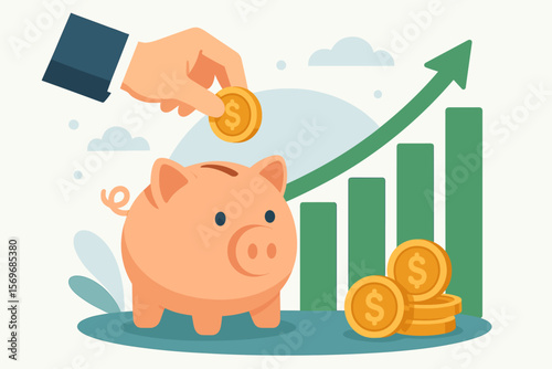 Saving and Low-Risk Investment Concept with Hand Putting Coin in Piggy Bank, Green Growth Chart, Stable Returns, Personal Finance, Long-Term Savings, Wealth Management