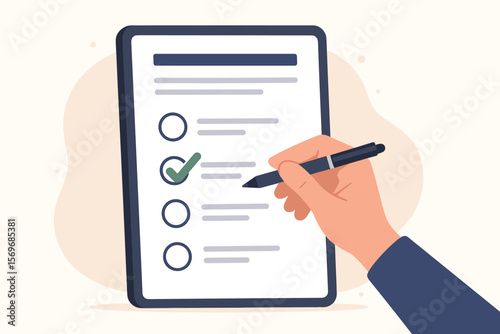 Hand Filling Online Survey Form on Tablet, Marking Correct Answer in Digital Questionnaire, Assessment, Exam, Evaluation, Certification, E-Learning, Remote Test Concept