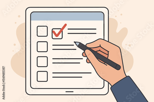 Digital online survey form with hand selecting answer, questionnaire assessment, certificate exam, evaluation checklist, electronic test, filling out digital form, education concept