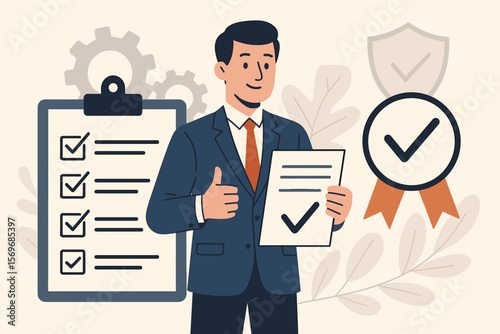Business compliance certification concept. Manager with checklist, quality assurance, standardization, regulatory approval, audit process, guarantee, document validation, flat vector illustration
