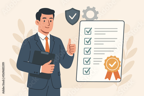 Business compliance certification concept. Manager with checklist, quality assurance, regulation standards, audit approval, verified process, official document, flat vector illustration