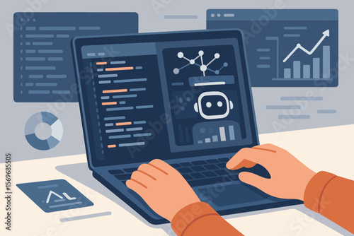 Web developer coding with AI tools on laptop, digital code interface, data analytics dashboard, artificial intelligence, machine learning, software development, technology workspace