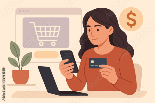 Woman shopping online with credit card and smartphone, making e-commerce payment on laptop, internet banking, spending money, digital transaction, modern flat vector illustration