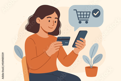 Woman shopping online with smartphone and credit card, secure payment, e-commerce transaction, internet banking, digital purchase, mobile commerce, spending money concept