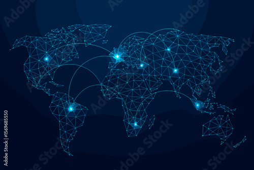 Global digital network world map. Polygonal point and line connections. Technology communication background. International data transfer, internet, business, connectivity concept.