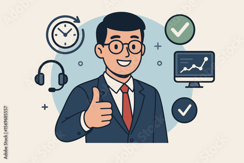 24-7 technical support vector concept. Businessman gives thumbs up for quality IT assistance and customer service. Approved helpdesk with checkmark and monitoring icons.