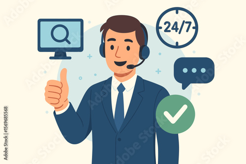 Customer service agent with headset at a call center. 24/7 technical support concept. Male operator gives thumbs up for client satisfaction. Online helpdesk IT assistance.