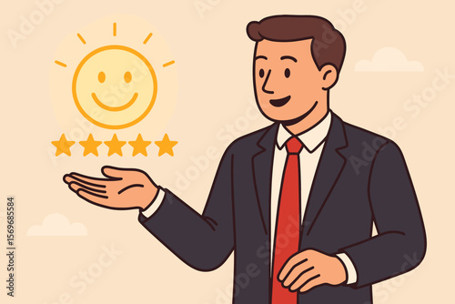 Customer satisfaction concept. Businessman shows 5 star rating and happy smile emoji. Excellent service review, positive feedback, and best user experience for business.