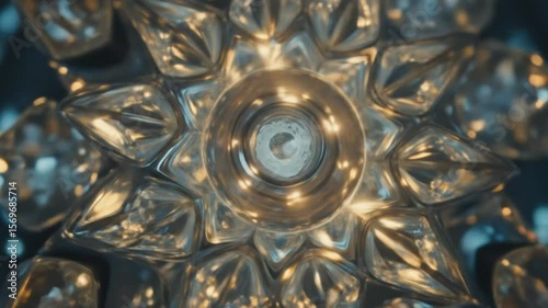 Rotating Glass Sculpture with Intricate Geometric Design Close-Up