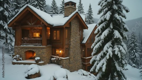 Cabin with Fireplace in Snowy Mountain Forest Setting