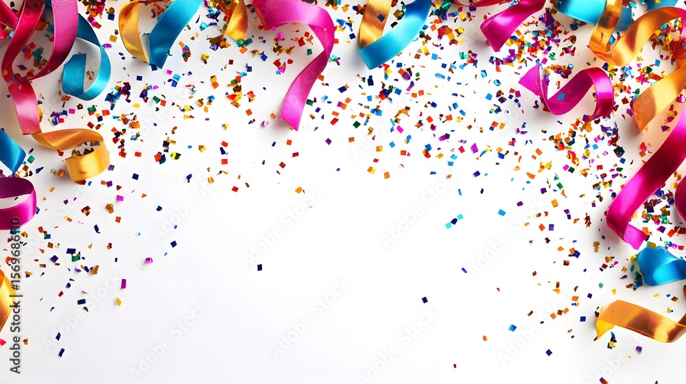 Fototapeta premium Colorful confetti and ribbon falling background. Copy space for text. Celebration party image.