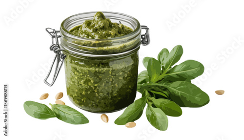  Fresh green Arugula Pesto sauce isolated on transparent background