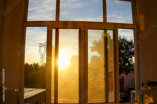 The hospital corridors and windows at sunrise in the early morning