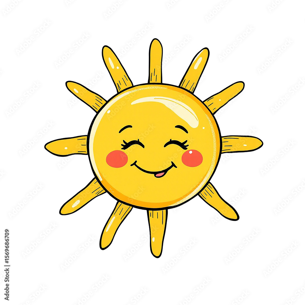 Fototapeta premium Cute Cartoon Sun with Smiling Face and Rosy Cheeks on Black Background