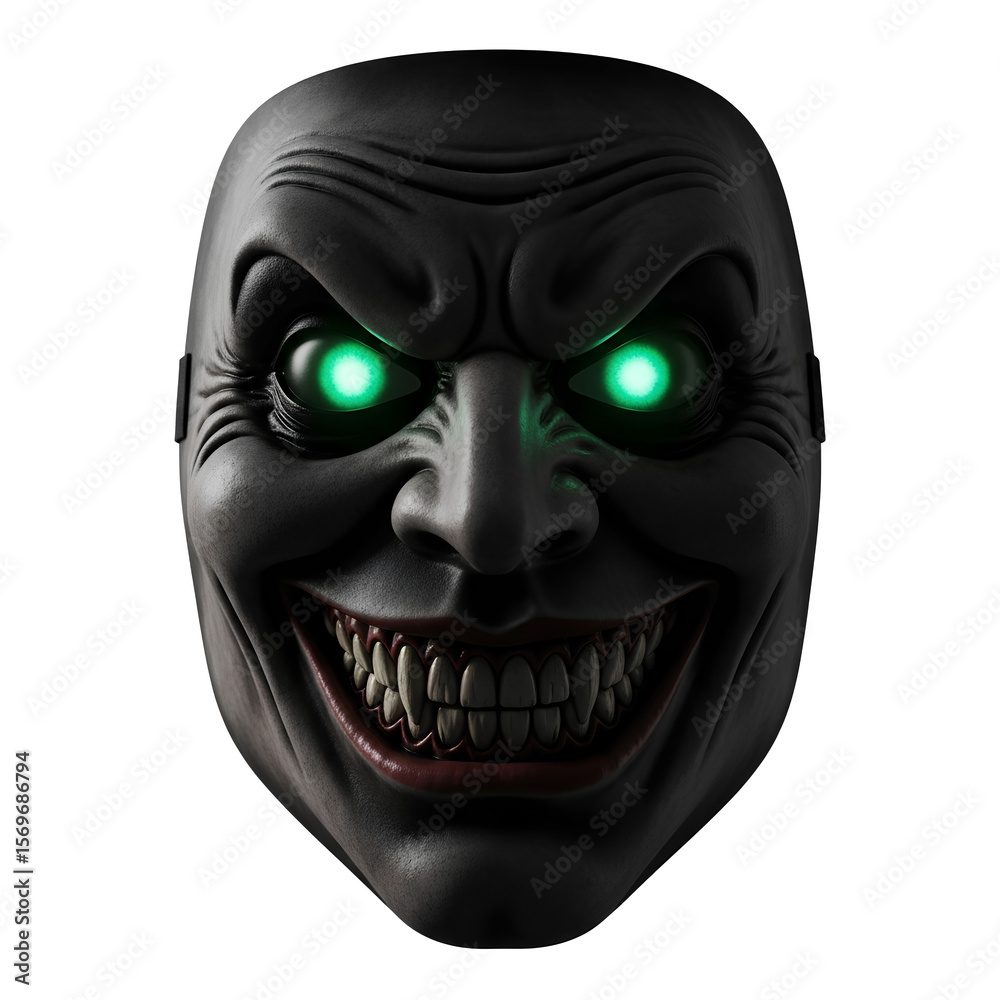 Naklejka premium Terrifying black monster mask with glowing green eyes and a sinister, wide grin showing sharp teeth isolated on white background