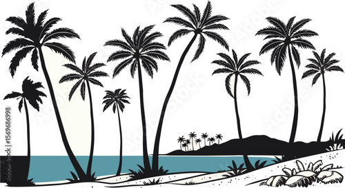 A serene tropical island paradise featuring swaying palm trees on a pristine white sand beach, complemented by a crystal-clear blue ocean and a bright, sunny summer sky, perfect for vacation dreams.