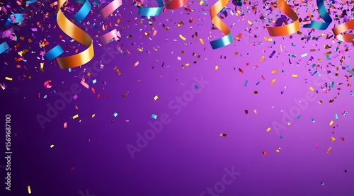 Many Falling Colorful Tiny Confetti And Ribbon On Purple Background. Celebration Event and Party. Multicolored. 