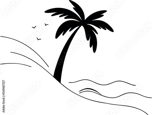 A captivating tropical beach island vector design featuring a striking palm tree silhouette, perfect for evoking the essence of summer travel and exotic getaways in vibrant, sun-soaked destinations.