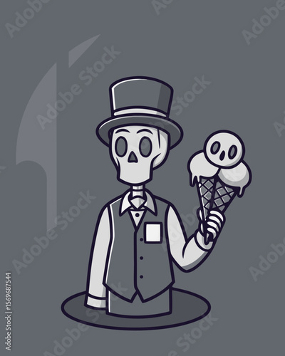 Spooky Skeleton with Ice Cream Cone and Top Hat in a Hole