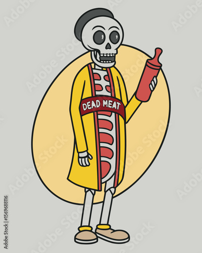 A cartoon skeleton wearing a hot dog costume holding a ketchup bottle