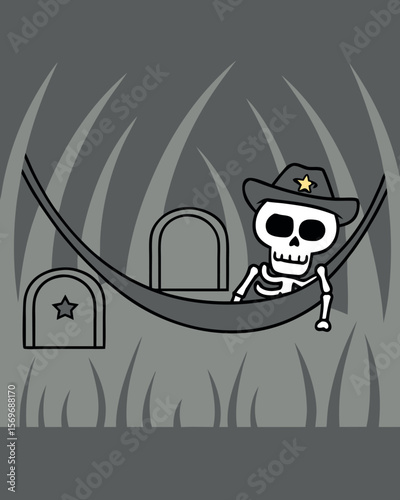 Spooky Skeleton Relaxing in Hammock Amongst Graveyard Tombstones