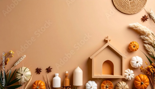 Warm fall arrangement with church miniature and autumnal accents