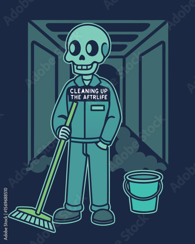 A Cheerful Skeleton Janitor Tackles Messes with Mop and Bucket