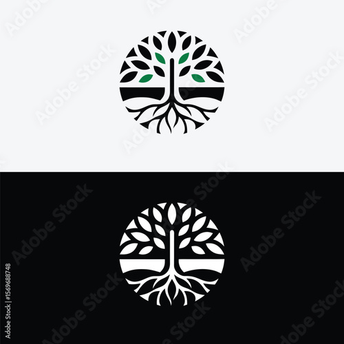 Tree of life logo design with roots and leaves isolated on white background