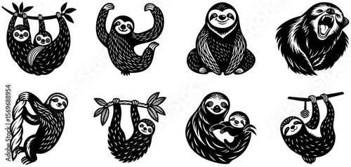 Illustrations of sloths in various poses isolated on transparent background