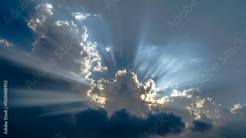 Heavenly light bursts forth, the clouds dispersing to create a sparkling trail marking Christ's glorious comeback