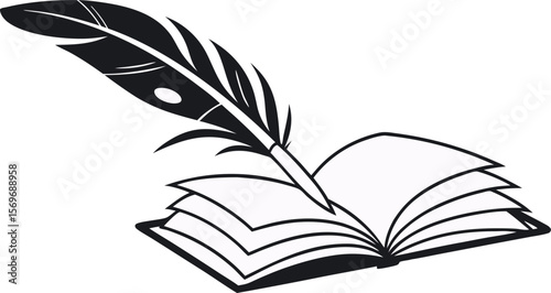 An open book, with a delicate feather resting gently on its pages, isolated on a white background. This scene beautifully symbolizes education, reading, wisdom