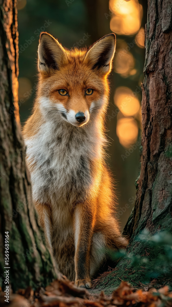 Fototapeta premium Red fox looking alert in forest with soft morning light creating serene atmosphere