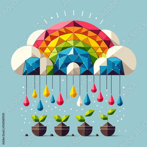 Colorful rain cloud illustration, cheerful mood, with geometric raindrops and plants, whimsical background
