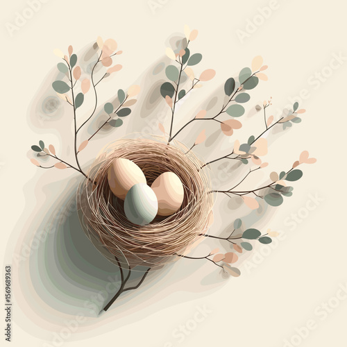 Serene bird's nest composition, peaceful mood, with three colorful eggs and delicate branches, soft background