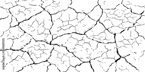 Black and white cracked earth texture with intricate patterns, symbolizing extreme drought, environmental stress, or parched landscapes. Perfect for backgrounds, climate themes, or natural decay visua