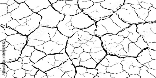 Black and white cracked earth texture, depicting dryness and erosion. Ideal for climate change, drought, desertification, or natural disaster themes in art, design, or environmental awareness.