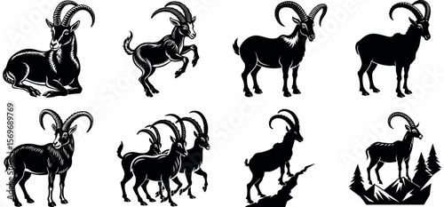 Several ibex are isolated on transparent background in a vintage engraving style