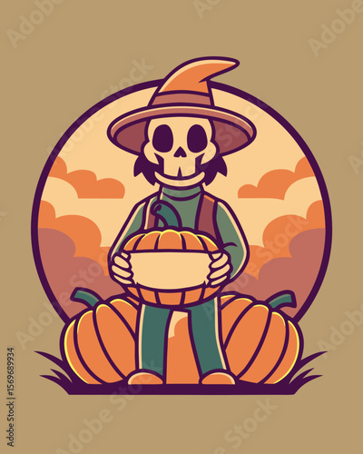 Spooky Skeleton Farmer Holding a Pumpkin with Gourds Under a Harvest Moon