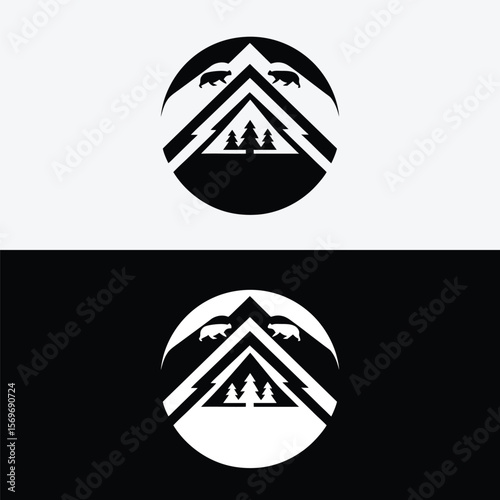 A black and white logo featuring a mountain, trees, and bears isolated on white background