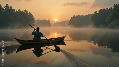 Person Paddling Canoe on Misty Lake at Sunrise Peaceful Morning