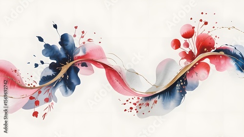 Flowing watercolor abstract with floral elements and gold accents blue pink
